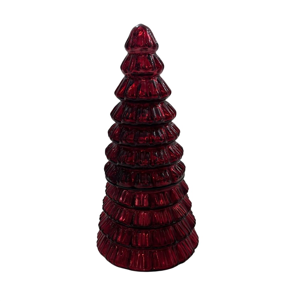 Red Mercury Glass Christmas Tree Candle Jar Ribbed Tiered Holiday Decor 10.5"